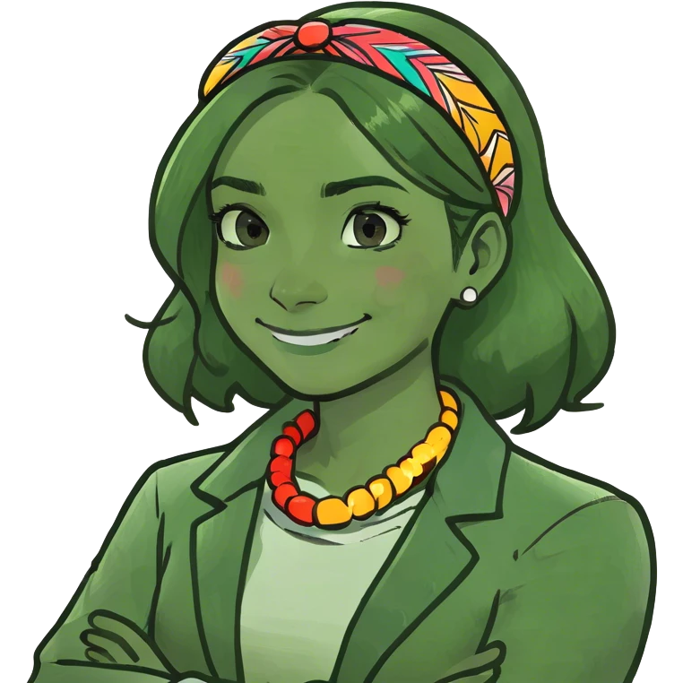 Girl crossing her arms with her hands on her neck smiling with stern eyebrows emoji