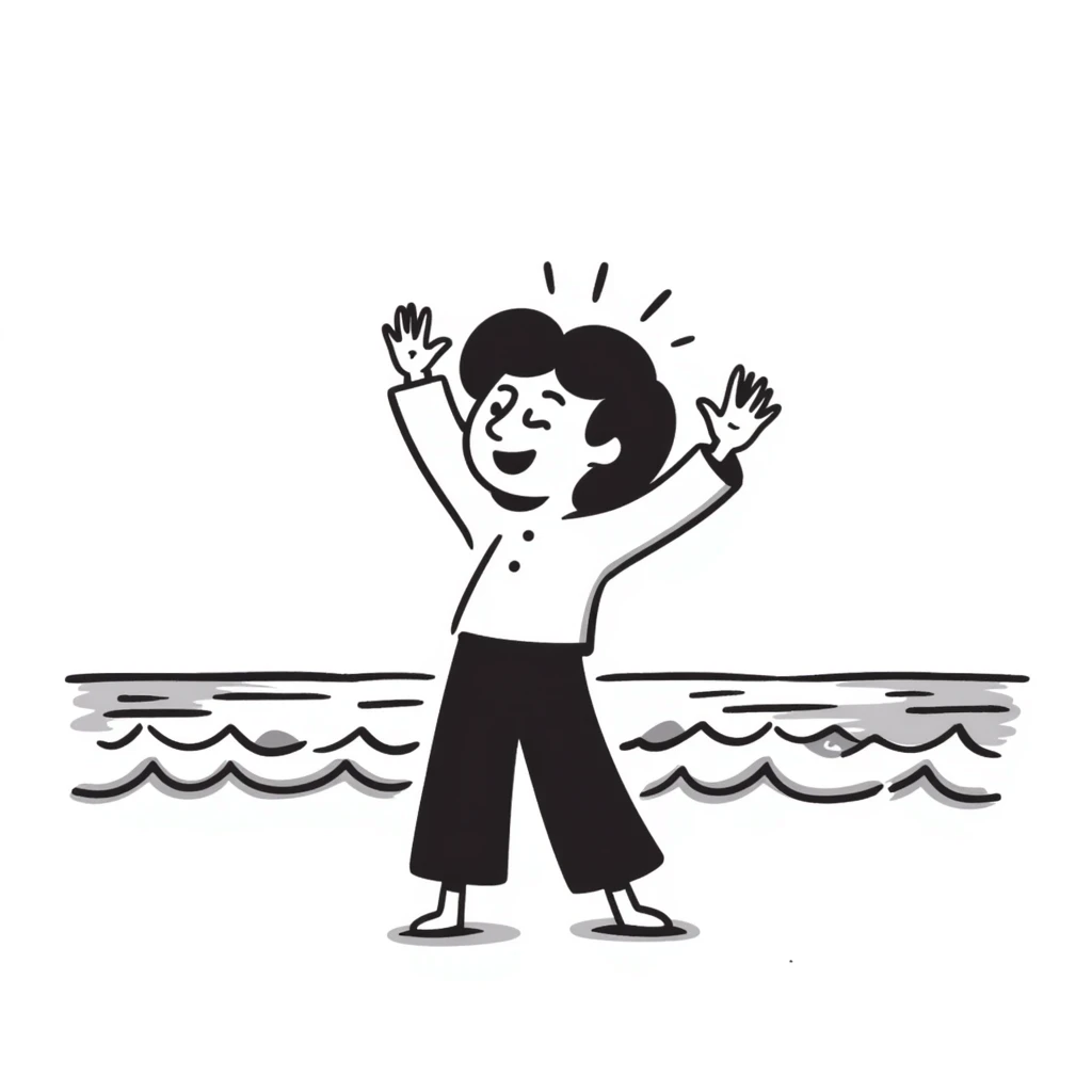 Whimsical character dancing with arms up on beach, sunshine highlighting their silhouette, playful tralalala mood, ocean waves emoji