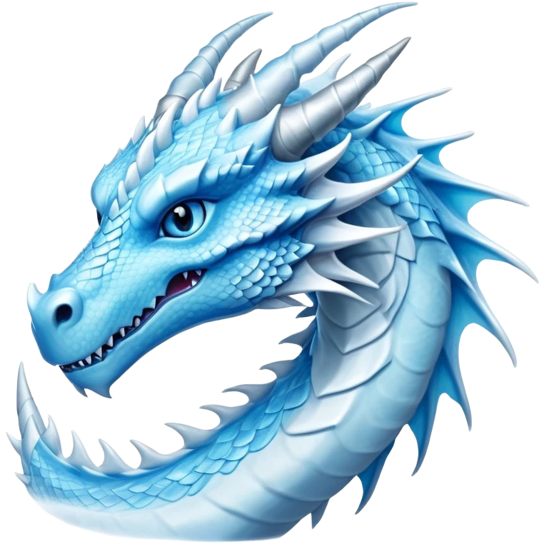 Cinematic Noble elegant Ice Dragon Portrait Emoji, Poised and imposing, distinct long elegant snout, with a slender, scaled body shimmering in glacial hues of icy blue, frostbitten silver, and crystalline white, breathing out frost, with piercing, glowing ice blue white eyes that radiate the chilling depths of an arctic storm; rendered in detail. Breathing out a frost mist emoji