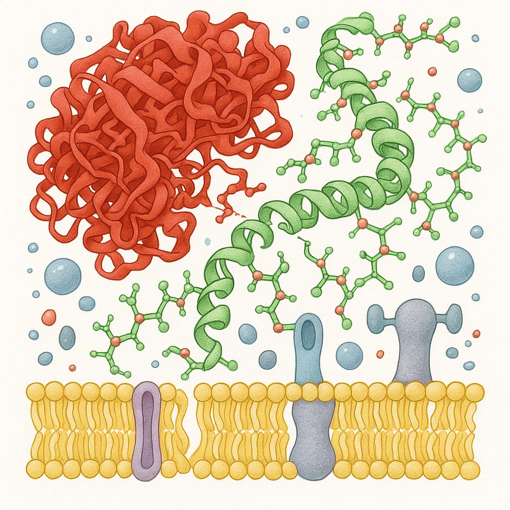 Ultra-realistic scientific illustration of enzymatic starch digestion at the cellular level, rendered in textbook-accurate detail. Show:

Multiple amylase enzyme molecules (red, with clear tertiary structure showing alpha-helices and beta-sheets) actively cleaving
Starch polymers (green amylose/amylopectin with accurate glucose unit linkages - α(1→4) and α(1→6) branches)
Cell membrane segment (yellow phospholipid bilayer with integral proteins and cholesterol molecules)
Reaction environment (blue water molecules, ionic interactions, pH-sensitive groups)
Molecular interactions (hydrogen bonds, substrate-enzyme transition state, electron cloud textures)
Technical Specifications:

Style: Nature Journal-quality structural biology visualization
Lighting: Cryo-EM-like isosurface rendering with subtle ambient occlusion
Perspective: 150,000x magnification view
Background: Pure white (#FFFFFF)
Accuracy: PDB-level structural correctness (reference 1SMD for amylase)
Exclusions: No labels, no cartoon simplifications
Special Details to Include:

Catalytic triad (Asp197, Glu233, Asp300) in amylase active site
Starch helix distortion during hydrolysis
Membrane protein channels for glucose transport emoji