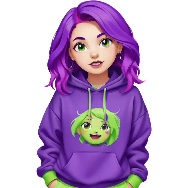 A half-body portrait of a girl with bright purple hair styled in loose waves. She’s wearing a trendy, oversized neon green hoodie with graphic prints, paired with bold, chunky sneakers. Her expression is playful and full of energy, with a vibrant, colorful background emoji