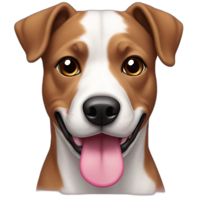 Dog, pit mix, black face with pink nose spots, brown eyes, white spot on top of snout, pink tongue, white chest emoji