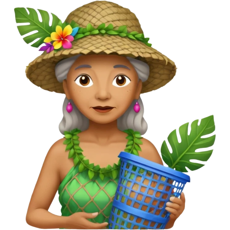 Hawaiian old woman with leaf hat and big trash net and colorful cloth emoji