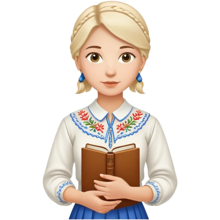 Young Ukrainian librarian wearing a traditional white embroidered vyshyvanka shirt holding books emoji