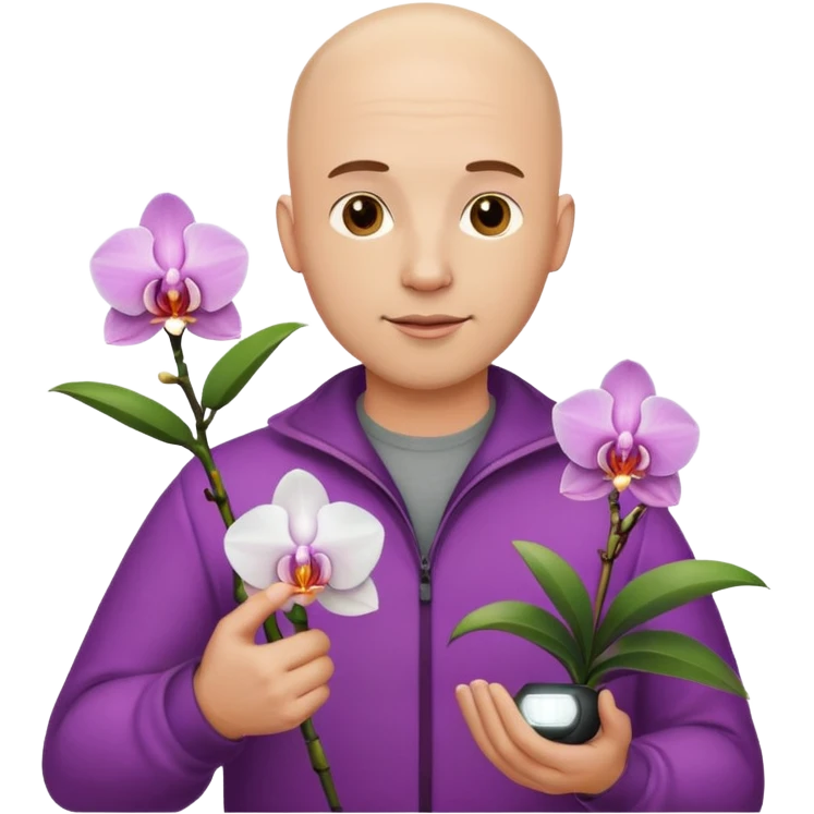 ստեղծիր մոտ 35 տարեկան քյաչալ տղամարդ, որի մի ձեռքին օրխիդեա ծաղիկ է իսկ մյուս ձեռքին լեդ լամպ emoji
