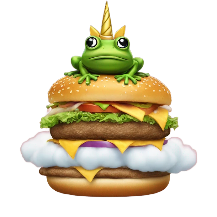 A Frog with unicorn legs on a burger cloud emoji