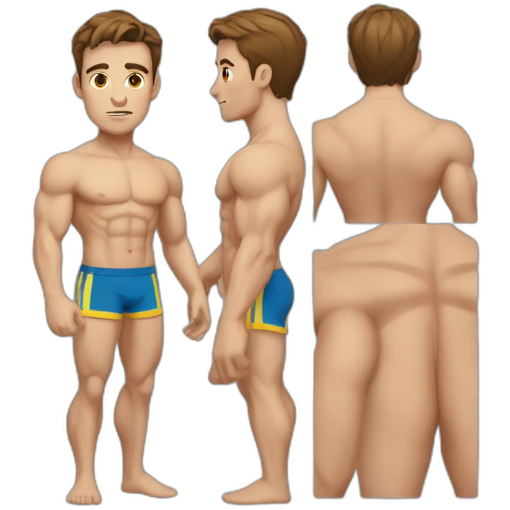 man with muscles,short hair,tired eyes,brown hair, tight swimming trunks emoji