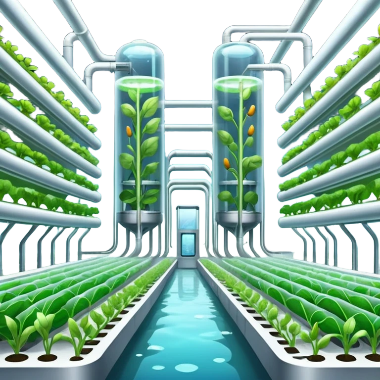 Exterior view of a futuristic hydroponic farm with glowing neon pipes and transparent water channels, sleek buildings shaped like nutrient tanks, vegetables and wheat growing in vertical layers, surreal atmosphere, emoji-style, cartoony emoji