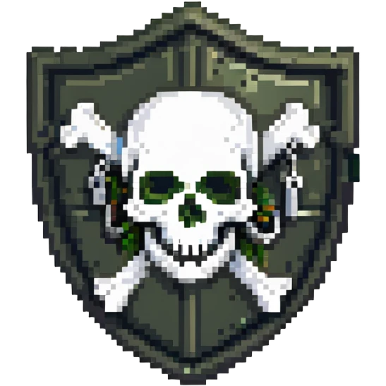Shield badge with a skull and crossbones and a padlock symbol for cybersecurity, dark color scheme, dangerous looking emoji