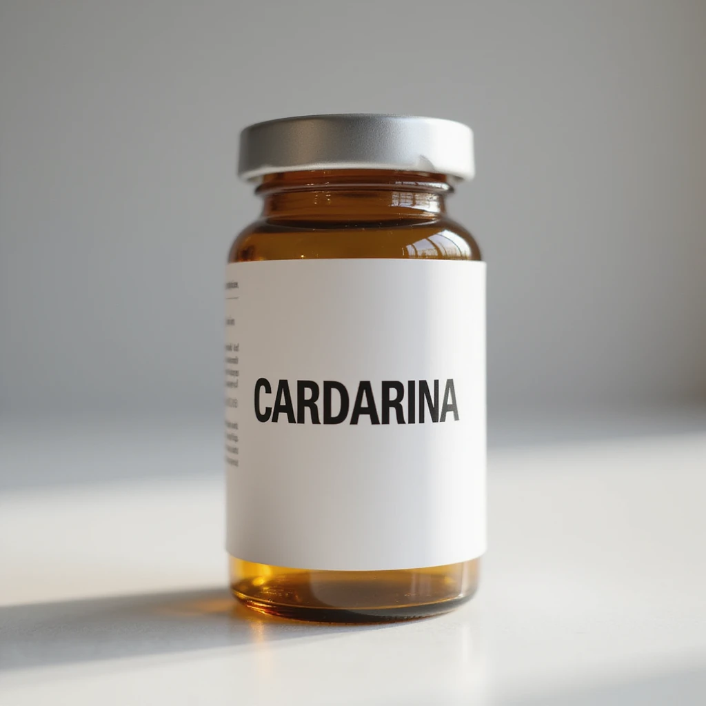modern pharmaceutical vial with a large and readable label 'CARDARINA', natural light, hyperrealism 4K emoji