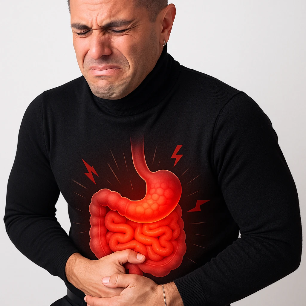 Realistic style image of a man holding his belly with both hands, suffering face, focus on the inflamed intestine with redness and pain symbols. Light background. emoji