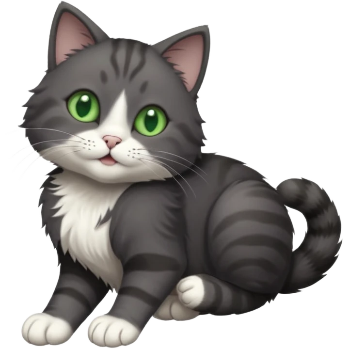 solid dark grey cat with green eyes, white toes/paws and white patch on her chest playfully rolling upside down emoji