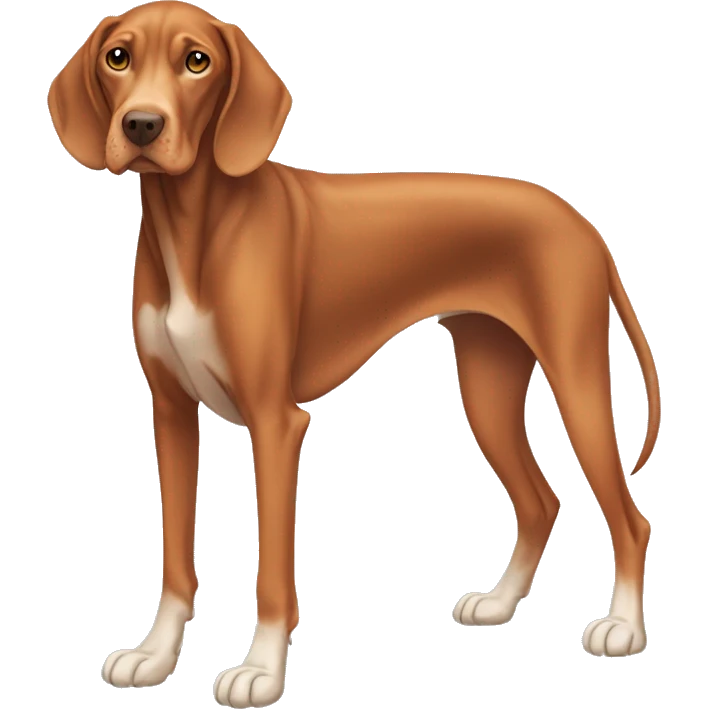 Aging Vizsla dog. Standing. Long ears. Long legs. White-colored paws. Light face.  emoji