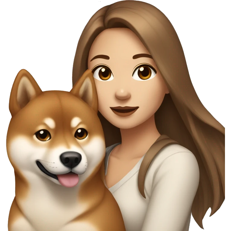 beautiful woman, straight long light brown hair, brown eyes with dog Shiba Inu emoji