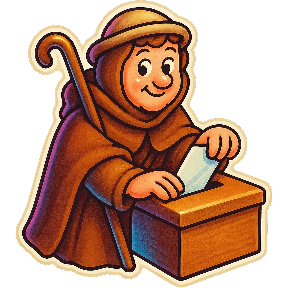 medieval pilgrim dropping a ballot in a box, brown cloak, cute and funny, sticker style emoji