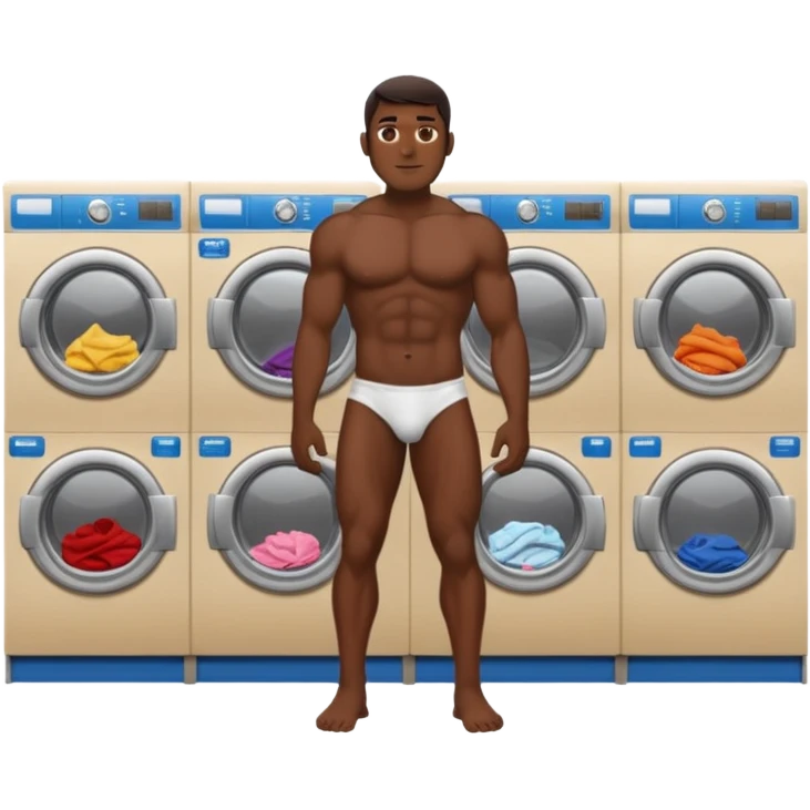 full view of a fully naked muscular dark skin man in a laundromat emoji