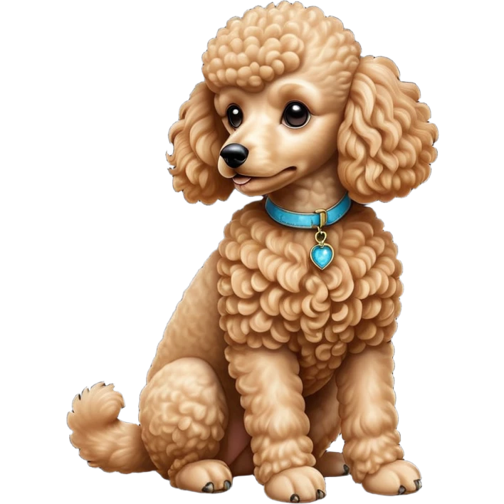 cinematic-[poodle]-realistic-full-body-sitting-emoji,-tail-resting-loosely-beside-its-paws,-head-tilted-dramatically, -curly-[apricot]-fur,-simplified-yet-realistic-focused-features,-highly-detailed,-glowing-with-an-almost-sarcastic-glow emoji