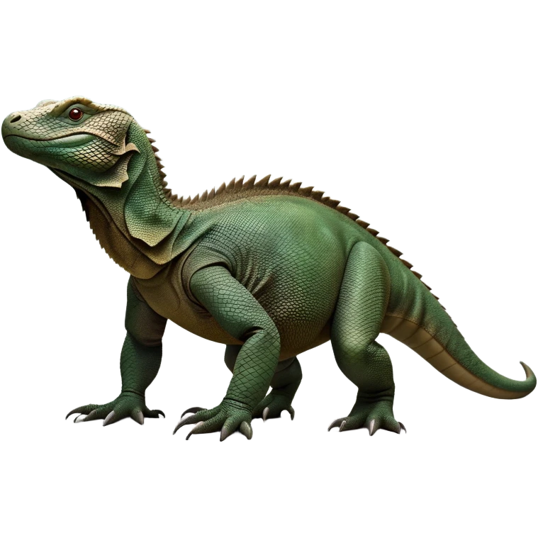 cinematic-komodo-dragon-realistic-full-body-standing on all fours-emoji,-massive-scaled-body-poised-with-quiet-power,-rough-textured-skin-dark-green-and-dark brown, black,-head-tilted-dramatically,-long-forked-tongue-flicking-out,-simplified-yet-realistic-focused-features,-highly-detailed,-glowing-with-an-almost-sarcastic-glow

 emoji