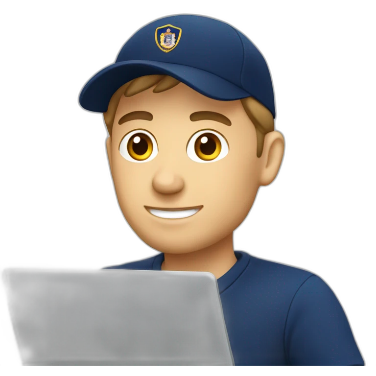 european guy wearing navy cap using laptop emoji
