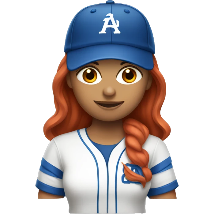 front facing, standing female coach with long red hair, wearing a white t-shirt and a simple blue baseball hat emoji