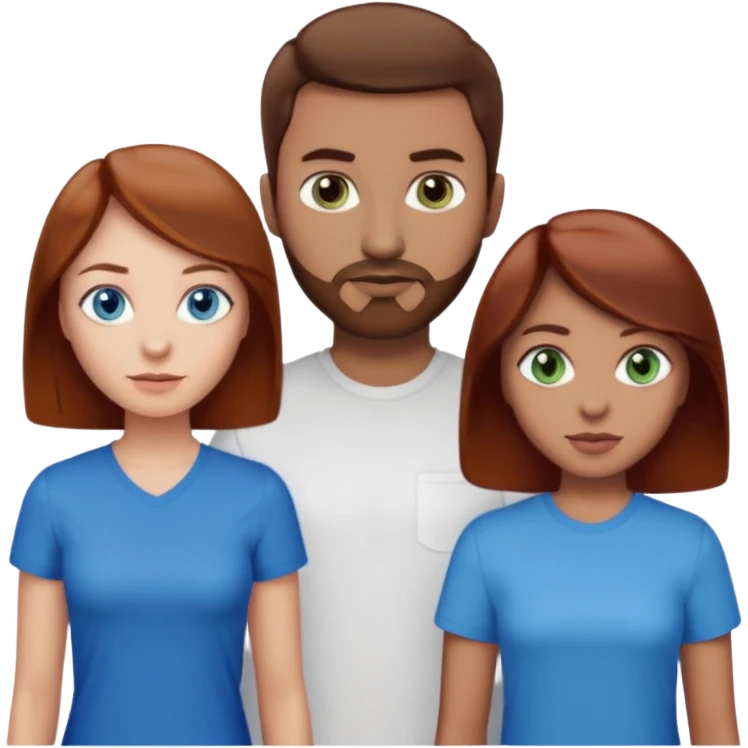One woman with blue eyes, brown hair, light skin standing next to another woman with darker red brown hair, lighter skin, and green eyes, standing next to a man with no facial hair, blue eyes, and short brown hair emoji