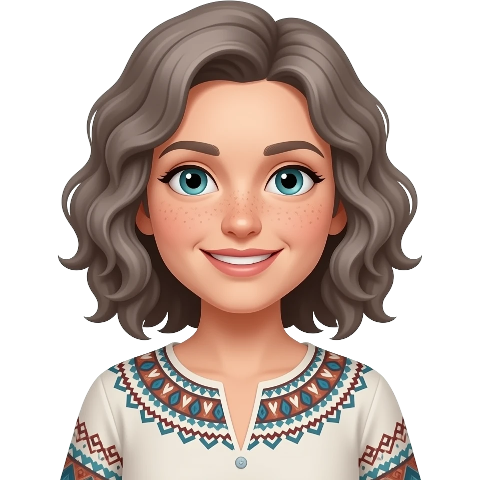 boho shirt shoulder length curly more greyish brown blue/green eyes freckles across nose smiling woman emoji