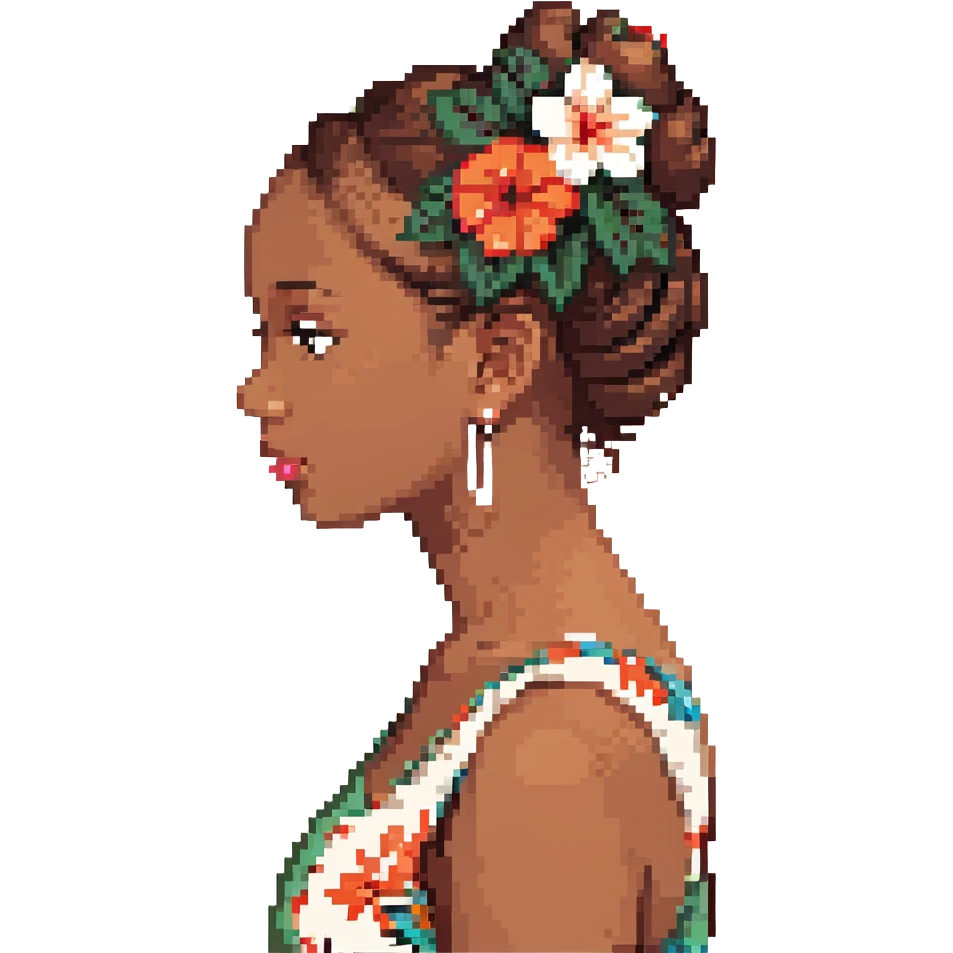 black girl side profile, brown hair in a bun, Hawaiian flower in hair emoji