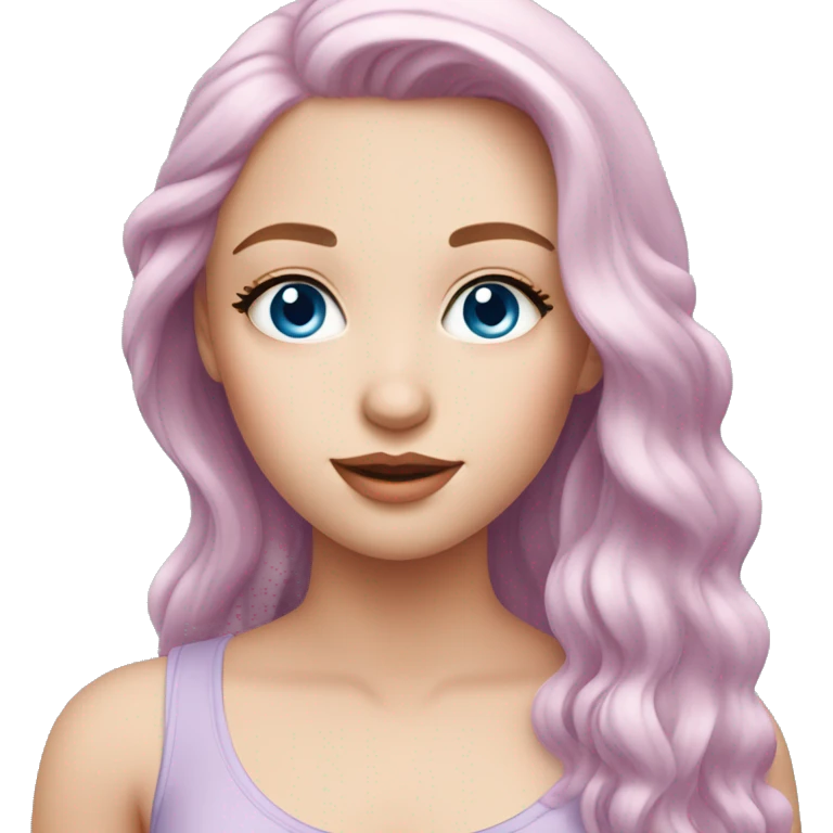 a beautiful girl, with fair skin, blue eyes and long soft pink hair, soft pink lips. in a lilac top emoji