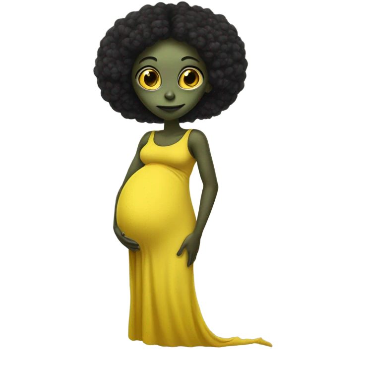 Pregnant black alien woman, full body in jellow  dress emoji