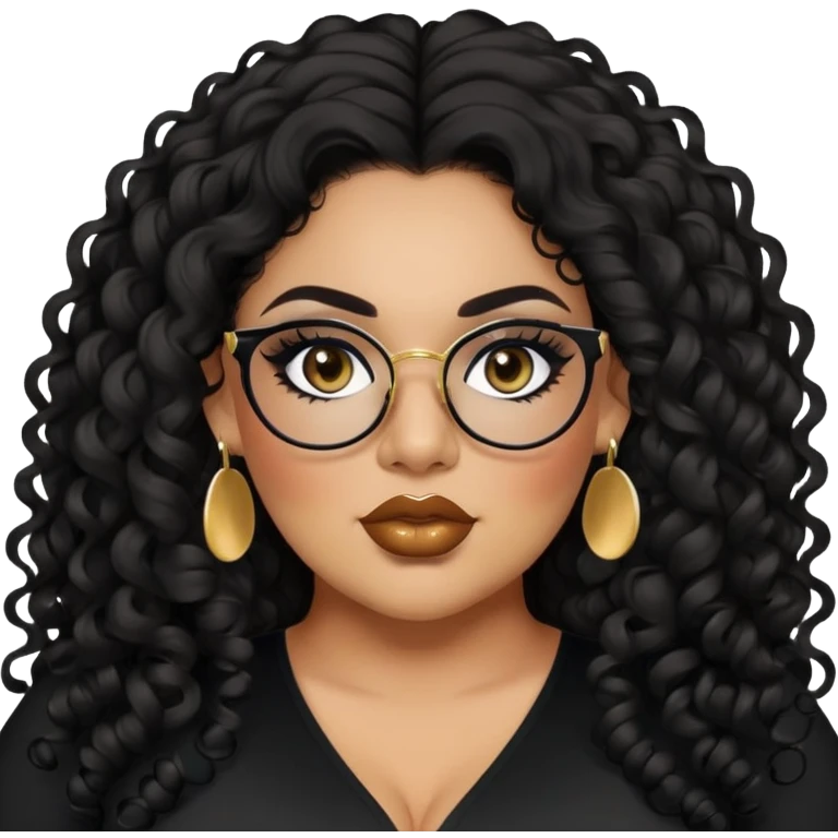 big plus size, latina, darker tan skin, long black curly hair, baddie,pretty, makeup, lipliner, black eyeliner, long hair, small gold earrings, black top, black glasses emoji