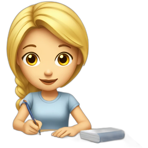 White Smart girl doing Homework on a desk writing on a pice of paper emoji