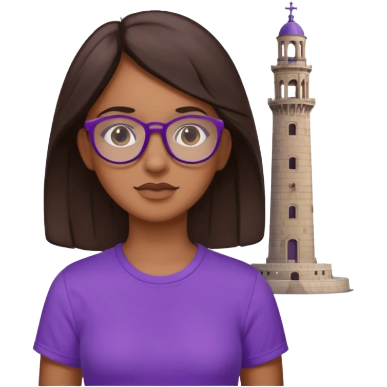 Chica de pelo moreno con gafas, lleva camisa violeta. Piel morena clara. Con Torre de Hércules de la Coruña detrás emoji