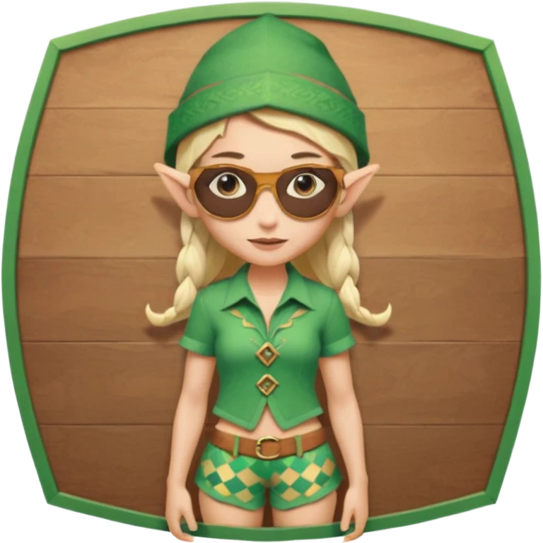 elf female legolas portrait, patterned board shorts (geometric/abstract), unique wooden-framed sunglasses, undercut hairstyle, slight smirk, visible pointy ears, no background, centered emoji, hipster summer vibe coctails with summer hat emoji