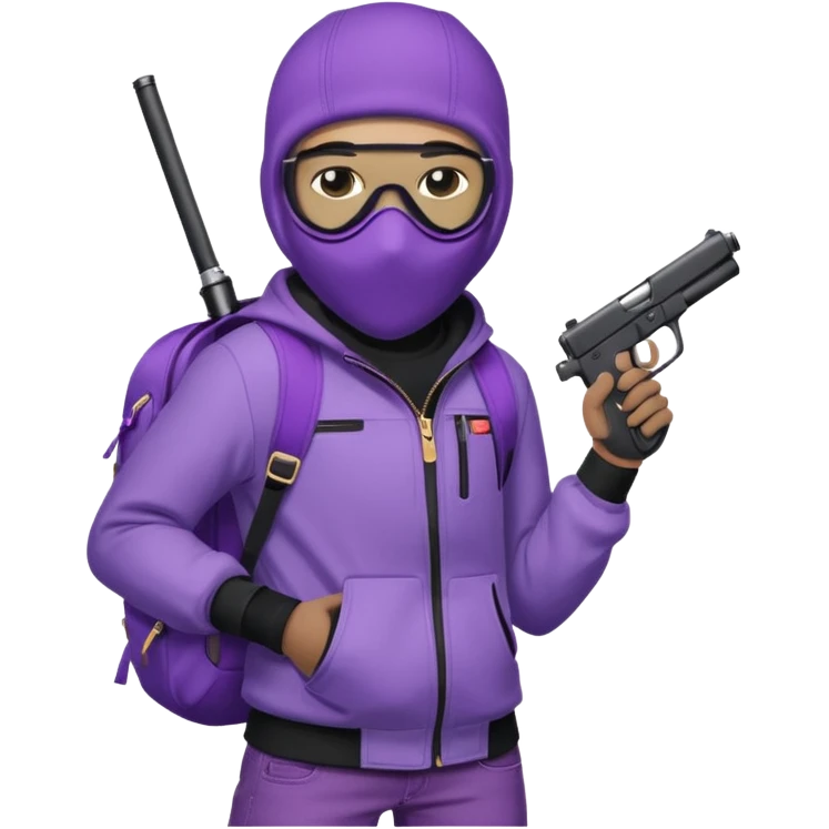 YN wearing a ski mask, holding a gun, purple jeans, Sprayground bookbag, confident stance emoji
