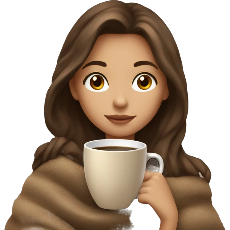 A beautiful girl with brown hair cozy with a nude blanket and a cup of coffee  emoji