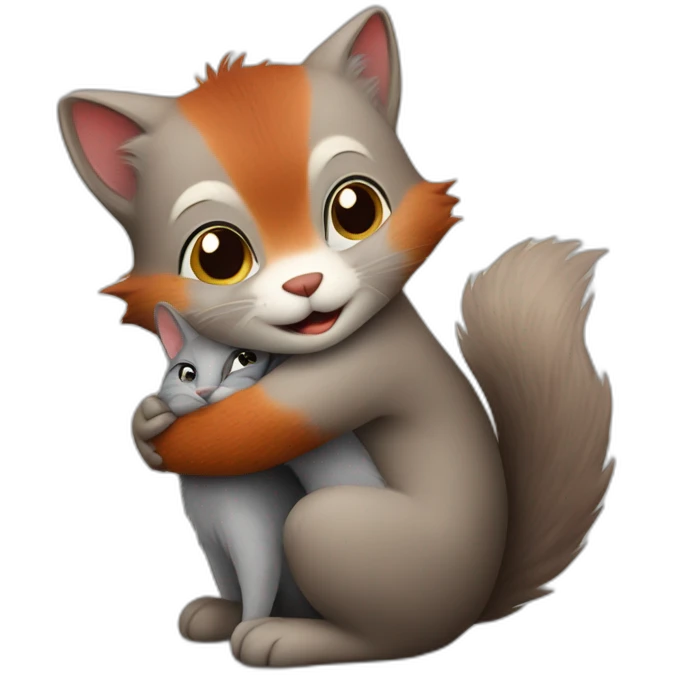 grey cat gently hugs a red squirrel emoji