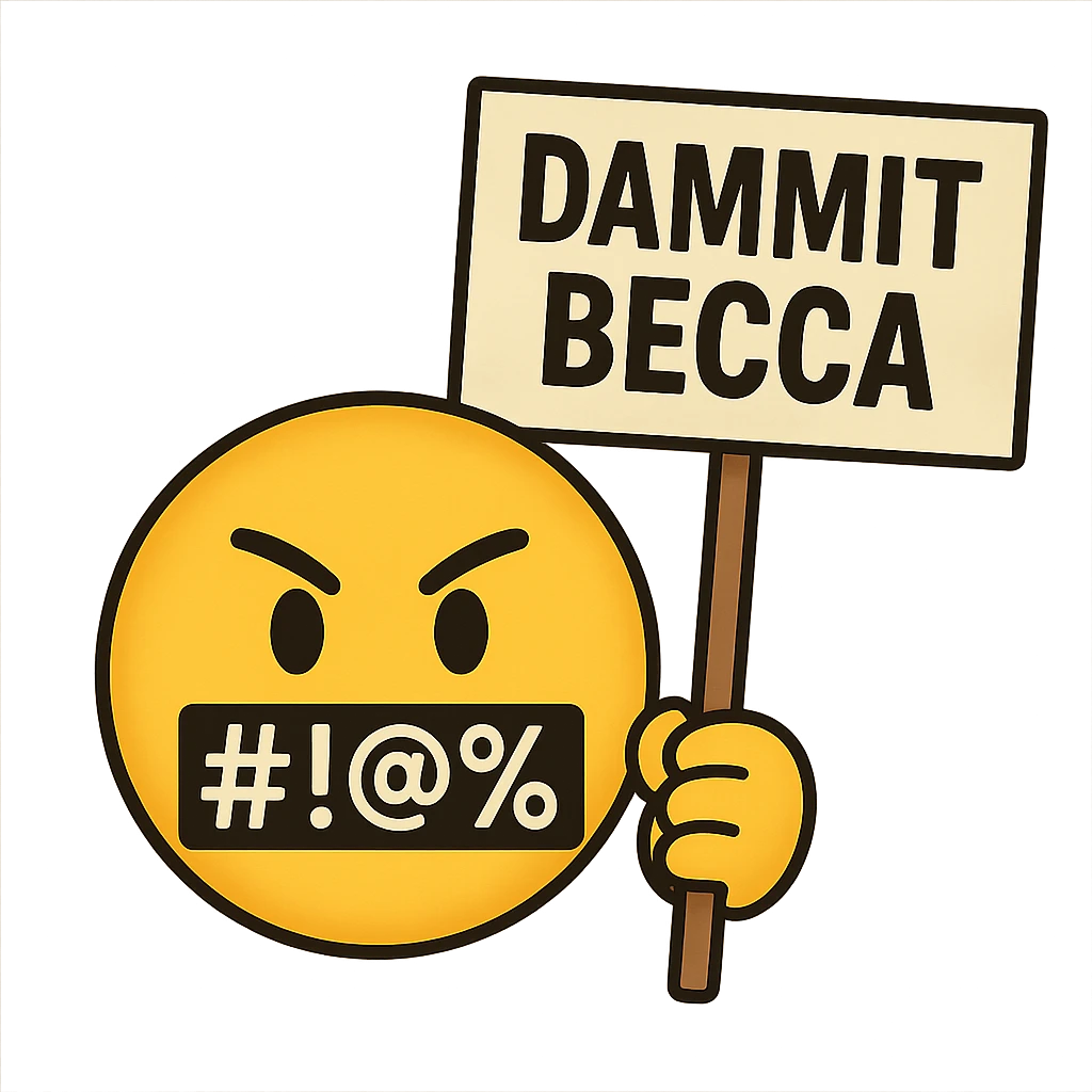 classic yellow emoji face with symbols over the mouth like #!@%, holding a protest sign that says 'Dammit Becca' emoji