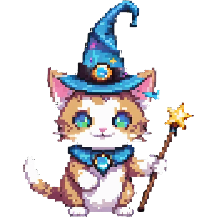 wizard cat with a pointy hat and magic wand emoji