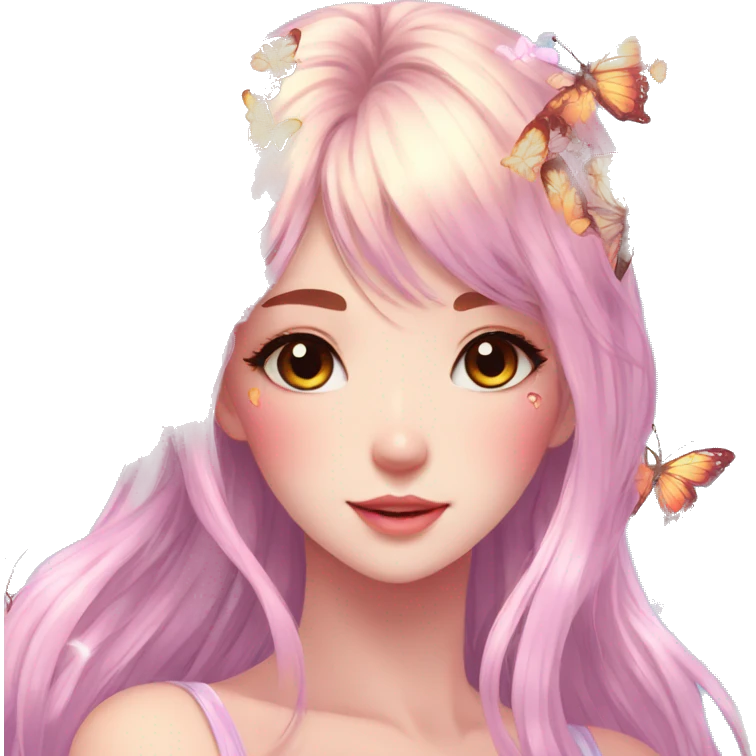 gorgeous shiny anime lady with butterflies and beautiful hair fairycore high quality detailed emoji