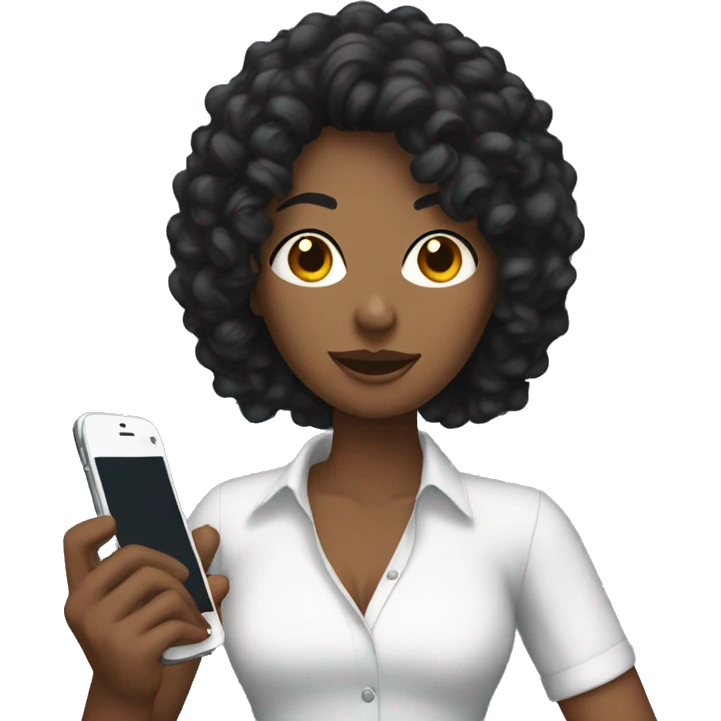 woman with a tall black mullet with curly hair holding a phone emoji