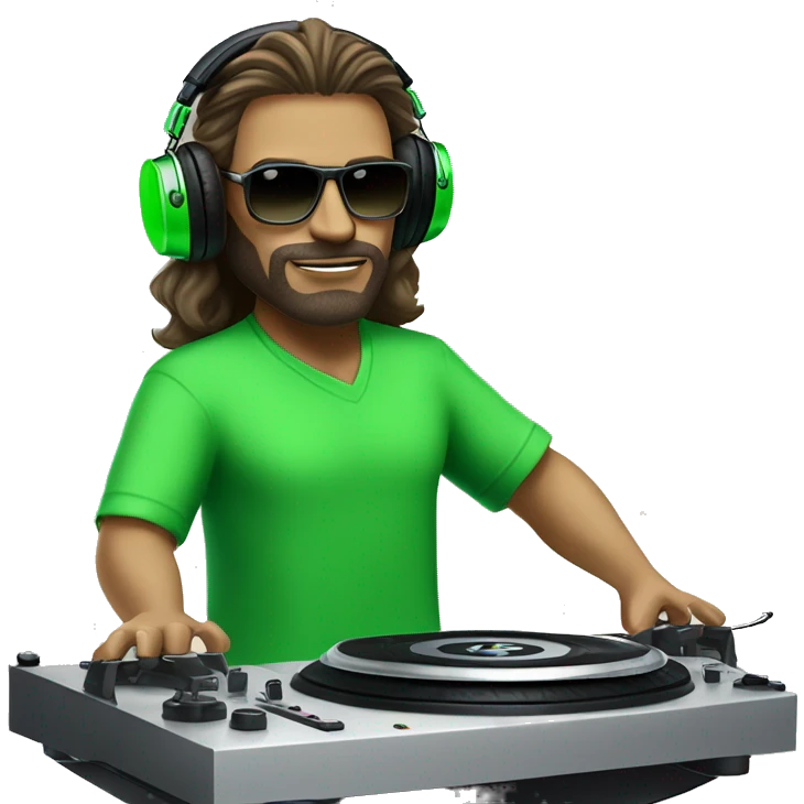 tall dj white man with long luscious hair, shades, headphones and an electric green shirt on that says “365”, on a mixer turntable emoji