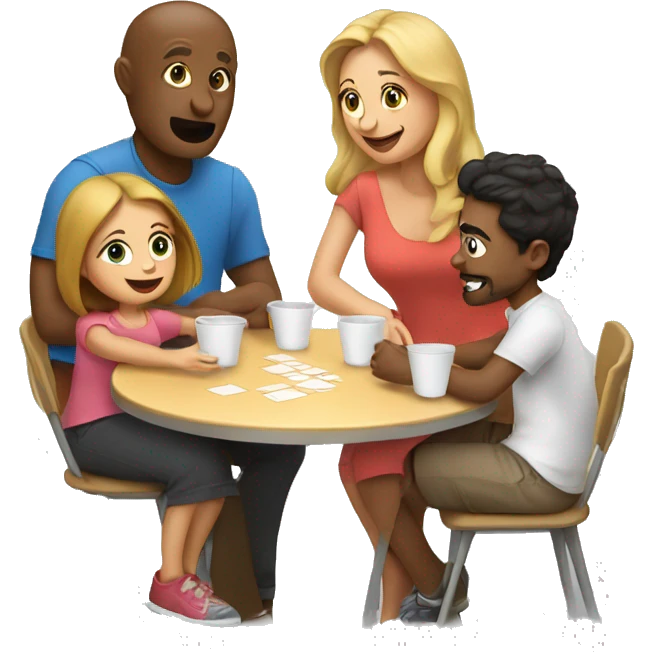 An emoji of a family—mother, father, and child—sitting at a table, playing a cup game with paper cups arranged on the table as they have fun together emoji