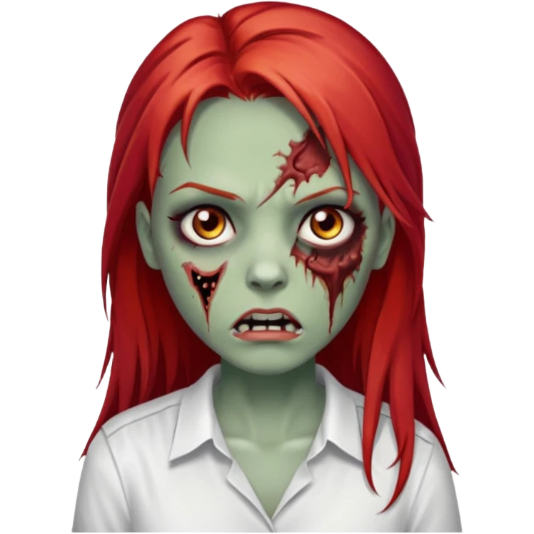 I want to draw a zombie woman, with a scar on her mouth and some bruises on her face, long, straight red hair, and black eyes. She'll be wearing a white shirt. emoji