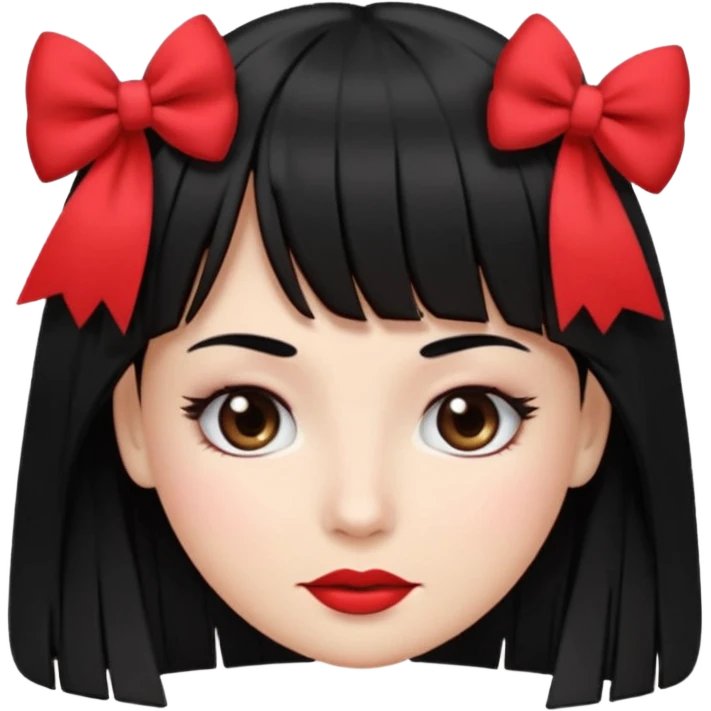 emoji feminino branca com cabelo longo, preto, liso e com franja. olhos castanhos. no rosto maquiagem com blush, cílios, delineador e batom vermelho. usando uma blusa preta com alças finas e um laço branco de cada lado emoji