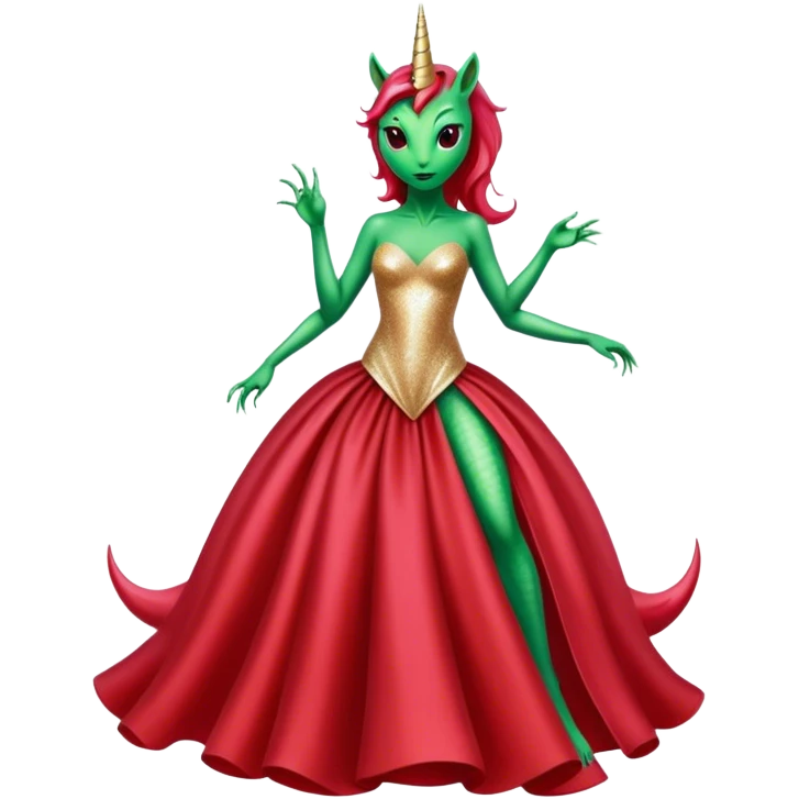 "reptilian green alien woman, in long slim pastel red formal party satin dress with gradient shiny sparkling dark red", rides "unicorn gold and white"
 emoji