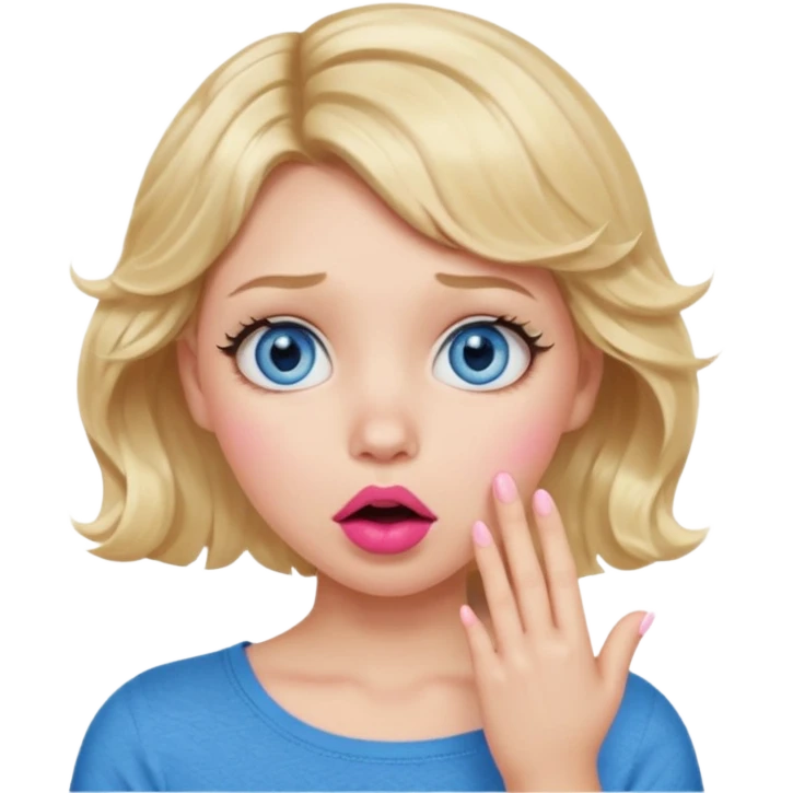 Girl Blonde short wavy hair,  blue eyes, cute blue top, long lashes, pink lips, shocked, hand over the mouth emoji