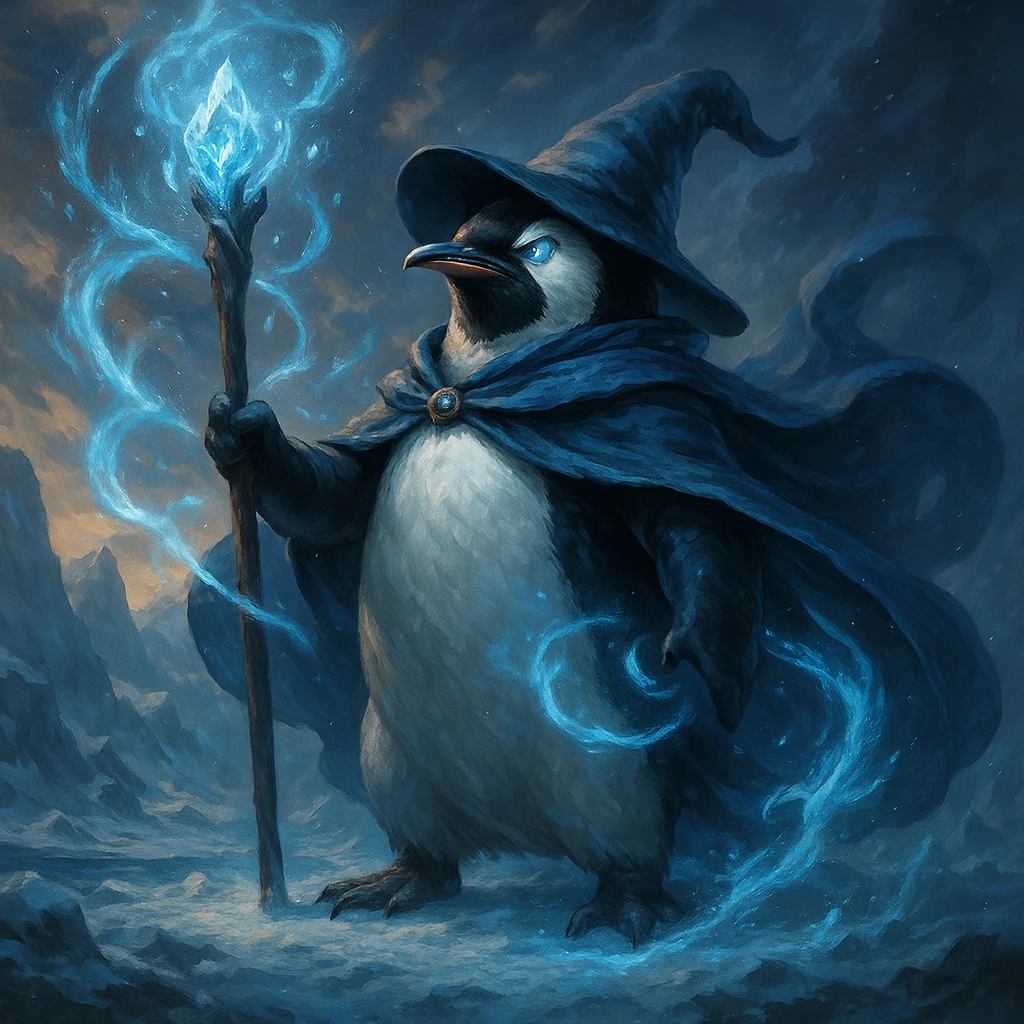 a heroic penguin wizard with a flowing cape, icy blue magic swirling around, epic fantasy style emoji