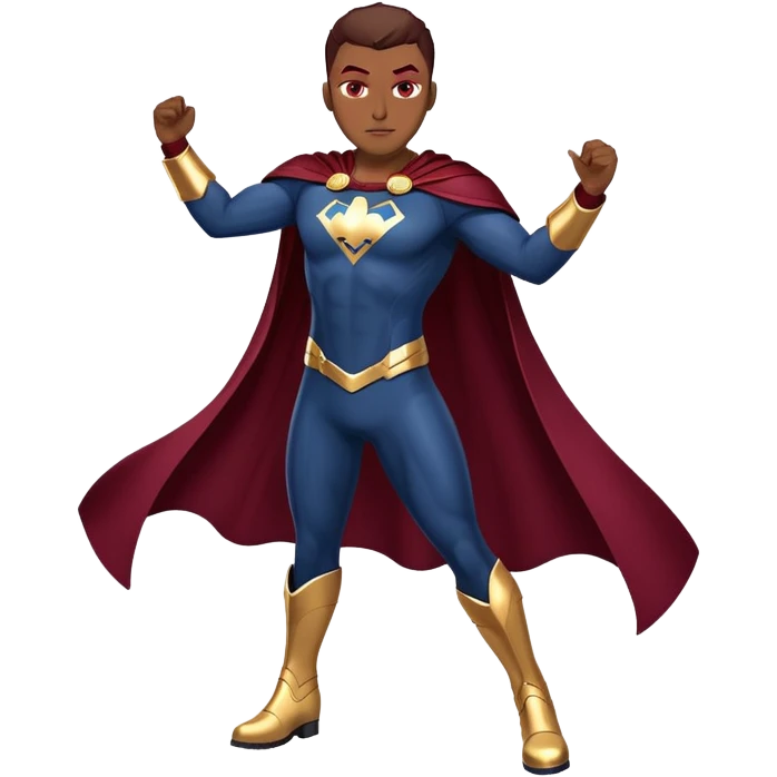 superhero in dark blue and maroon bodysuit with gold accents, digital cape, maroon boots, dynamic pose emoji