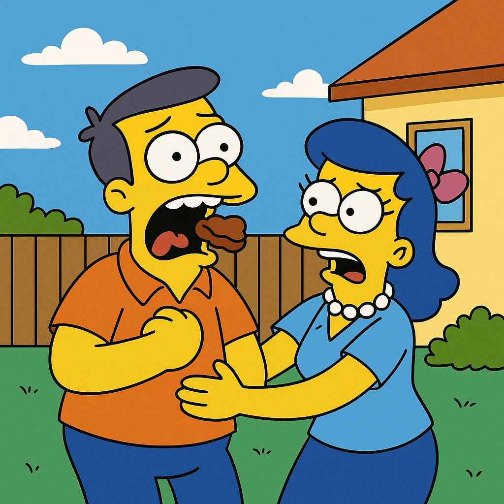 Choke on – to have something stuck in your throat.
He choked on a piece of meat and had to be helped.
 emoji