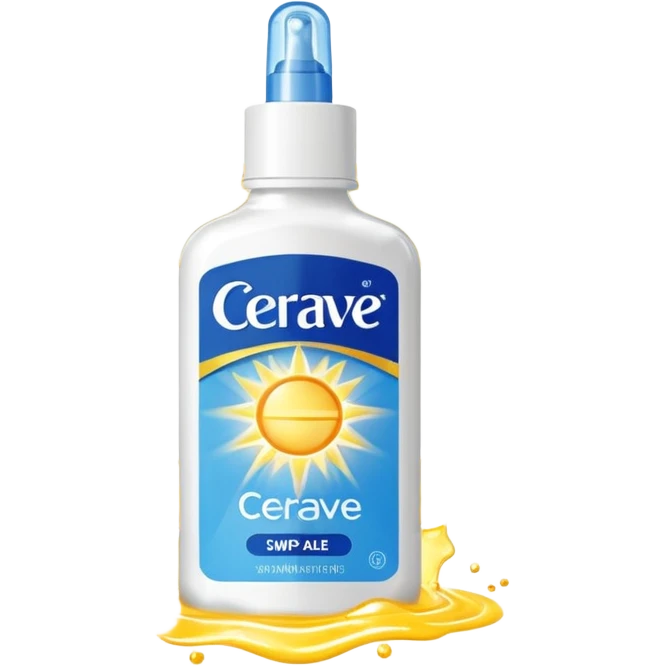 White CeraVe pump bottle with blue label and bright yellow  glow badge. Floating in golden morning light, encircled by radiant sunbeams and shimmering protective particles. Shield Glossy, potion-like, symbolizing daily moisture and powerful sun defense. emoji